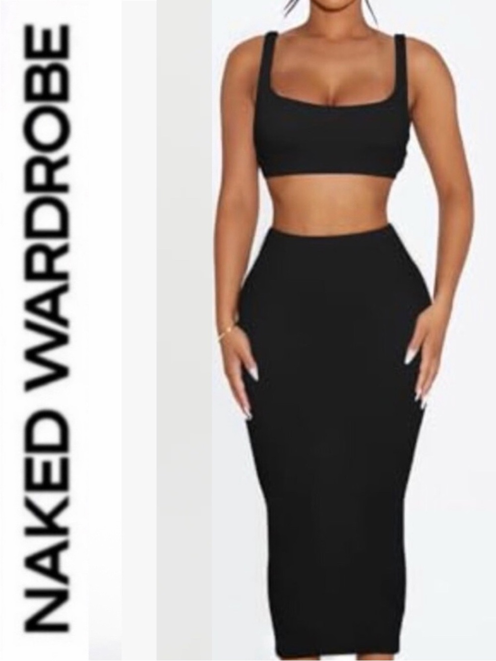 Naked Wardrobe 🖤 Black High-Waist Midi Skirt crop stop Set